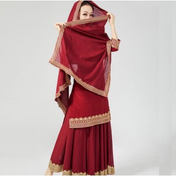 Red India Traditional Cotton Suits For Woman Ethnic Styles Daily Elegent Lady Set Top Pants Scarf